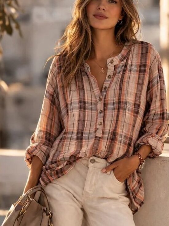 Grace + Karma Tops - Grace + Karma plaid henley long sleeve shirt pink, cream women's size L NWT
